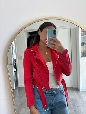 Red Suede Moto Jacket with Belted Waist